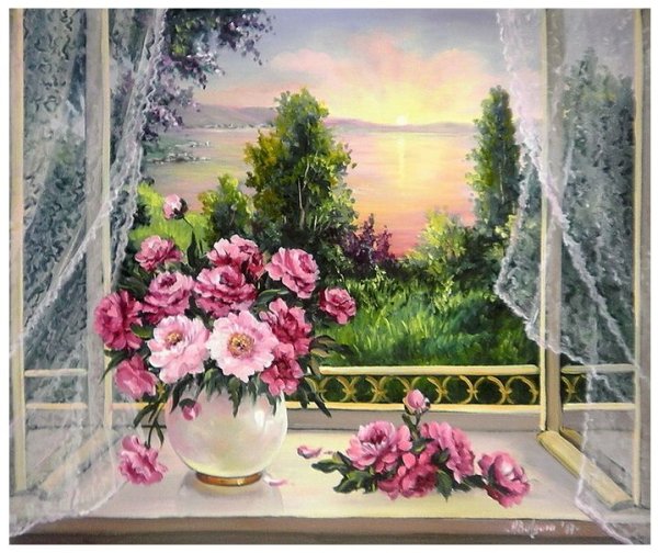 Букет на окне живопись