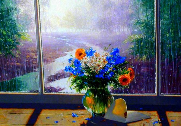 Михаил Горбань осенне окно цветы живопись