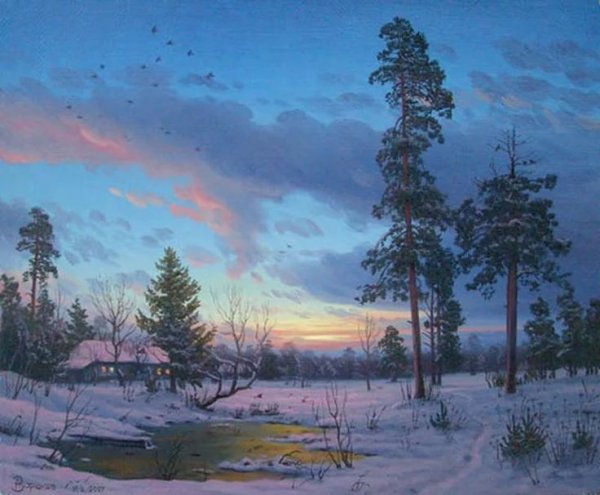 Живопись зимнее ночное небо