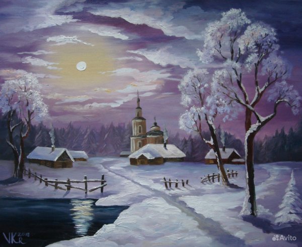 Ночной зимний пейзаж живопись