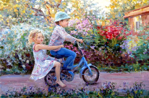 Мальчик на велосипеде живопись