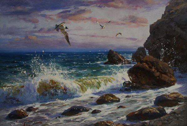 Камни на берегу моря живопись