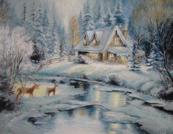 Зимний пейзаж с домиком в лесу живопись