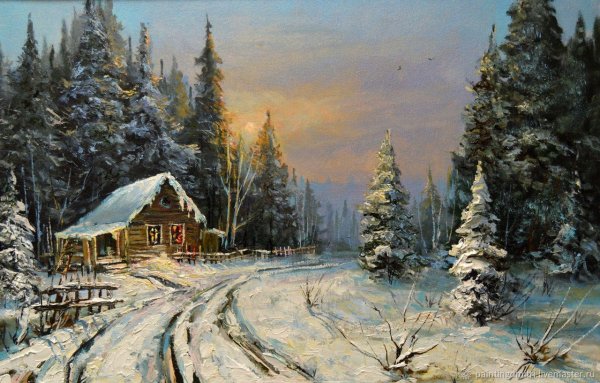Зимний пейзаж с домиком маслом
