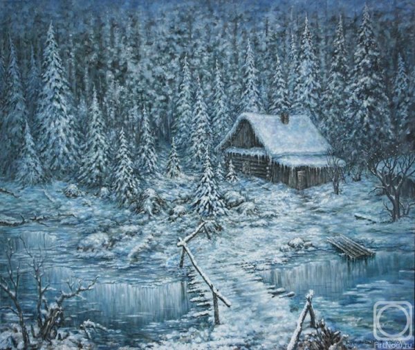 Картина домик в зимнем лесу