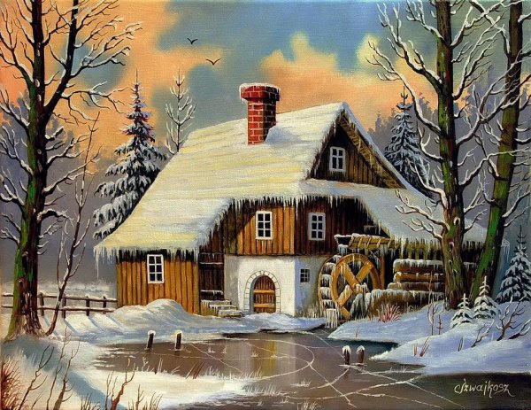 Рисование зимний лес с домиком