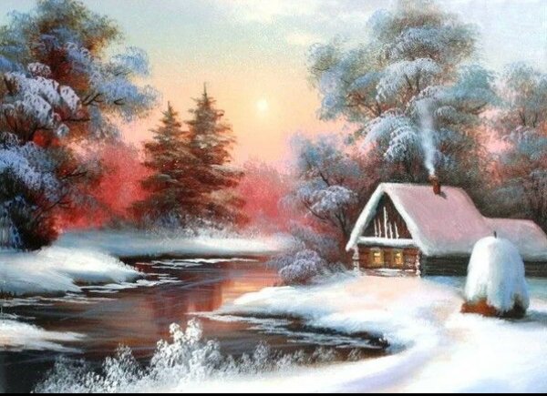Зимний домик гуашью