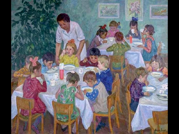 Воробьева Надежда Дмитриевна (1924-2010) «обед в детском саду» 1968