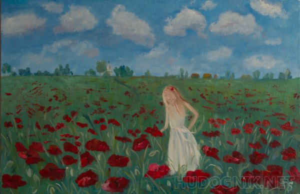 Картина девушка с маками в поле