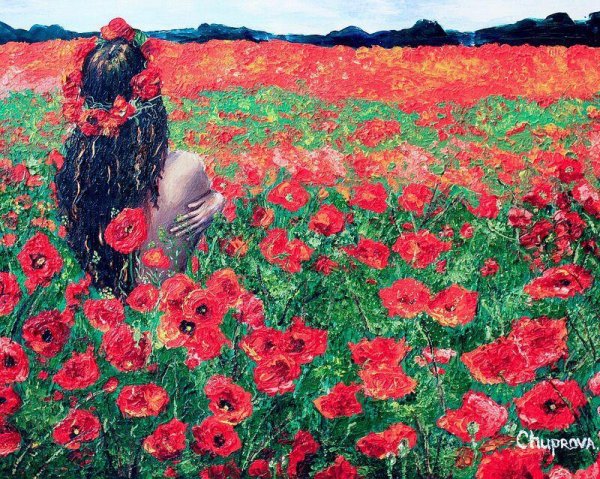 Девочка в цветочном поле живопись