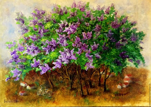 Куст сирени акварелью