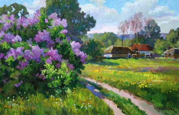 Цветущая сирень живопись деревня
