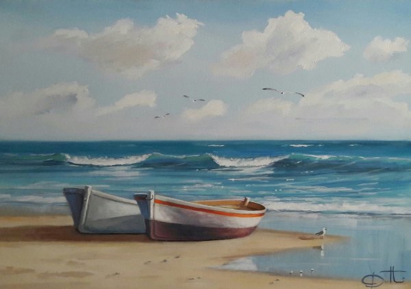 Лодка на берегу моря живопись