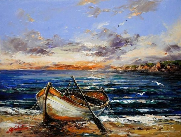 Живопись мастихином август лодка