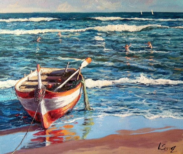 Картина лодка на берегу моря