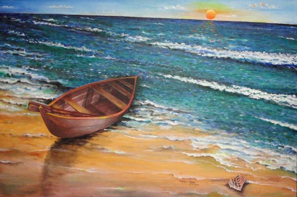Лодка на берегу моря живопись