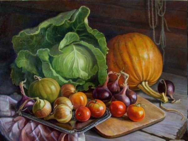 Шумакова Елена. Натюрморт с овощами и тыквой