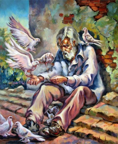 Старик кормит голубей