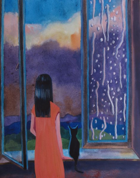 Дождь за окном акварель