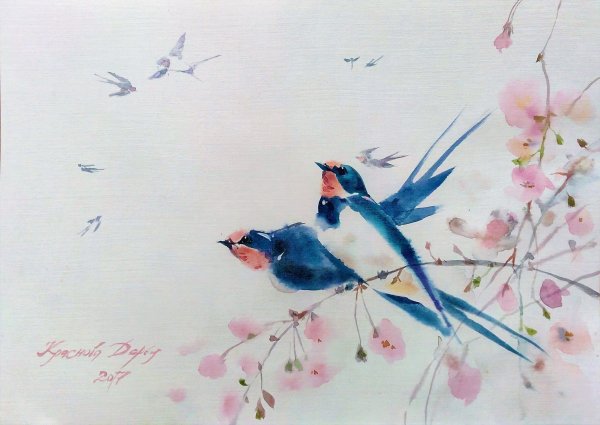 Весна птицы акварель
