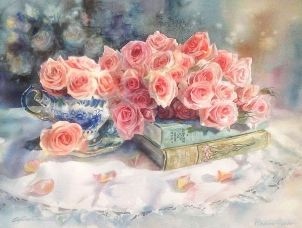 Художник Chihiro Yabe. Акварельные розы.