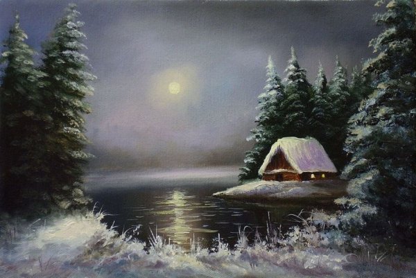 Лунная ночь зимой живопись