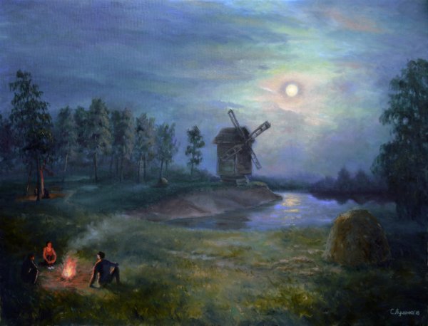 Лунная ночь. Пейзаж с костром, 1880-1890-е
