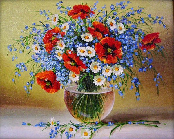 Букет маки васильки и ромашки