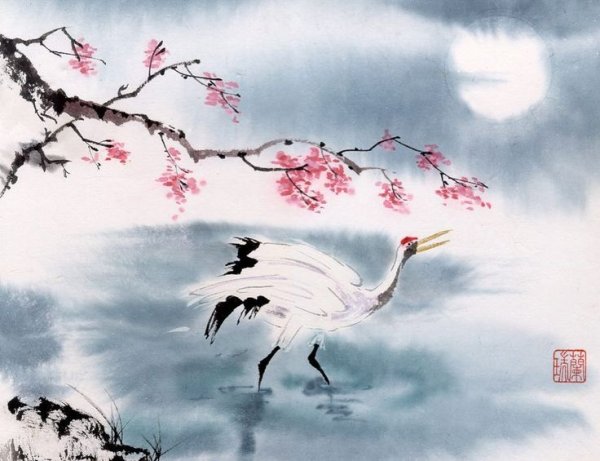 Сакура живопись журавль