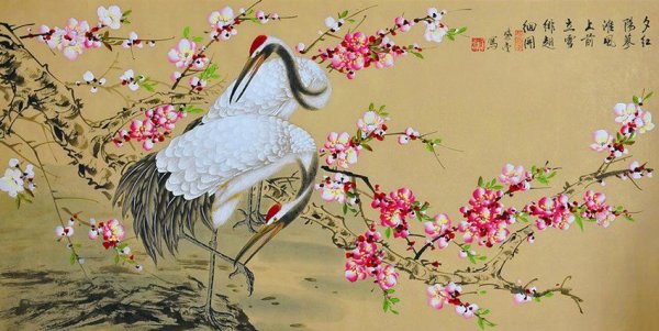Сакура живопись журавль