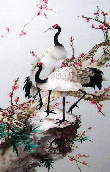Вышивка с журавлями в японском стиле