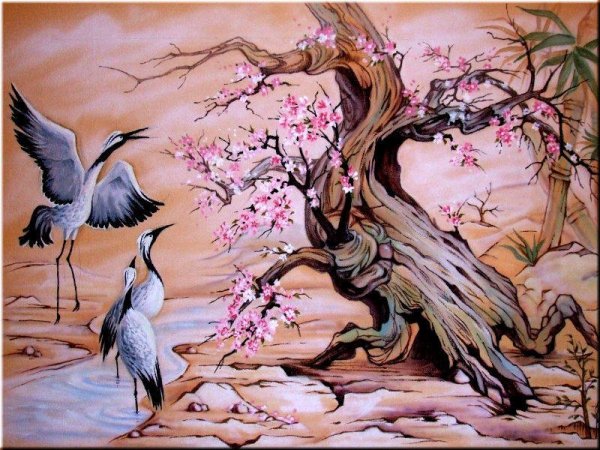 Японский пейзаж Журавли