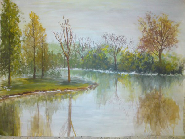 Пейзаж с отражением в воде живопись