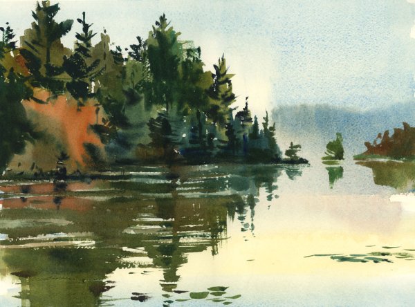 Отражение в воде акварелью