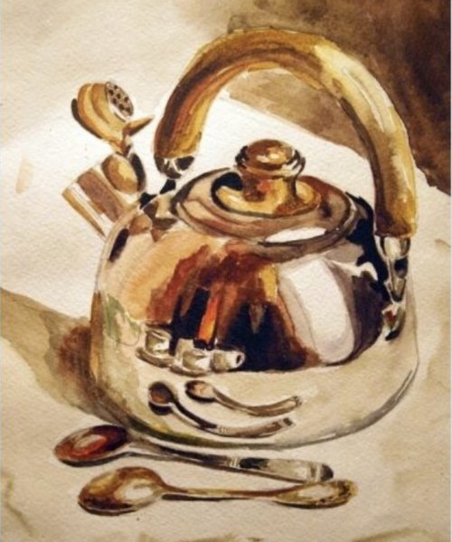 Металлический чайник акварелью