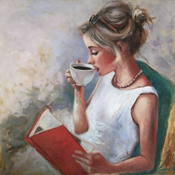 Девушка пьет кофе живопись