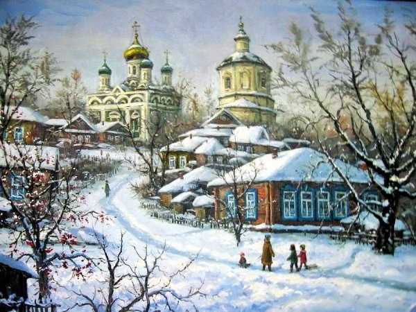 Зимний пейзаж с Церковью живопись маслом