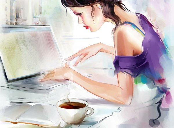 Девушка с ноутбуком акварель