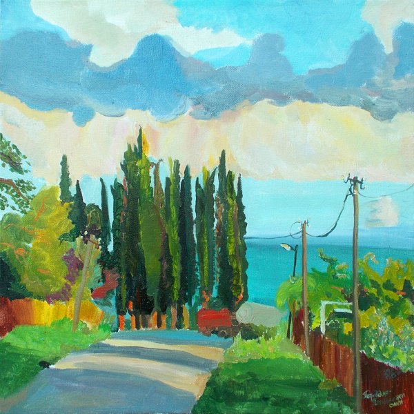 Акварель Абхазия кипарисы