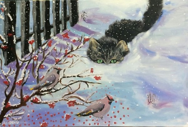 Кот зима живопись