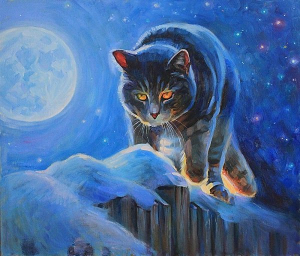 Живопись кошки зимой