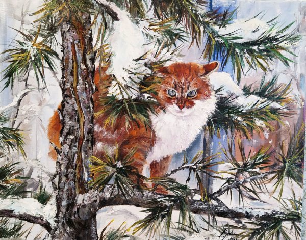Кот зима живопись