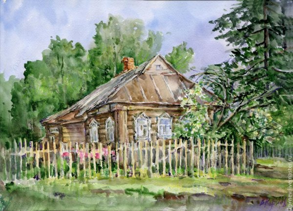Деревенский домик акварелью