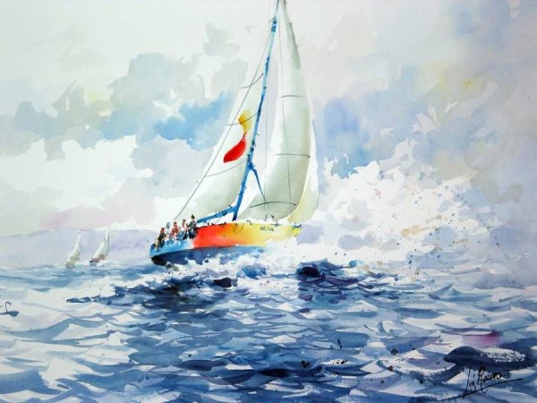Парусная яхта акварелью