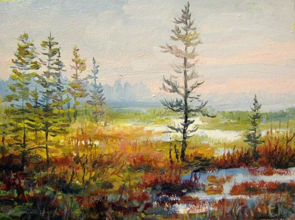 Пейзаж акварелью болото