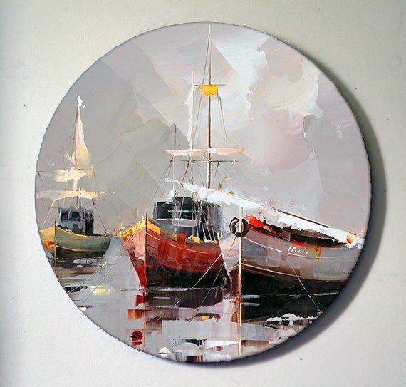 Пейзаж маслом на круглом холсте