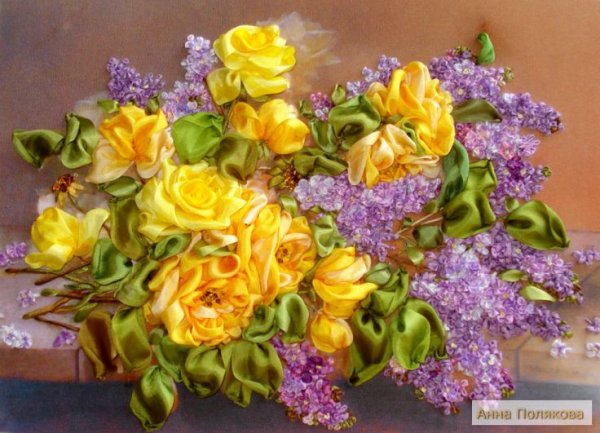 Вышивка лентами розы с сиренью