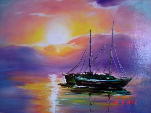 Корабль на закате акварелью