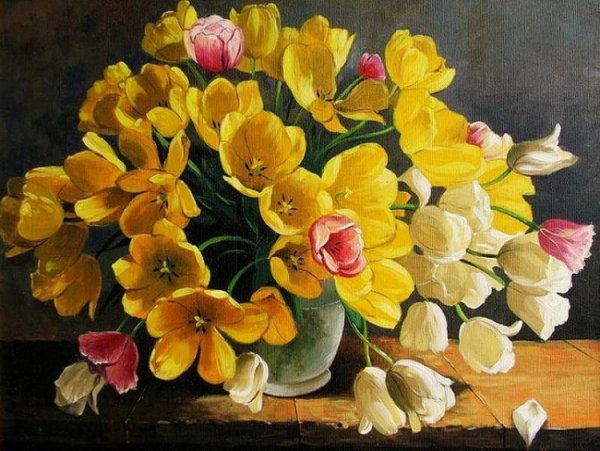 Букет желтых тюльпанов живопись