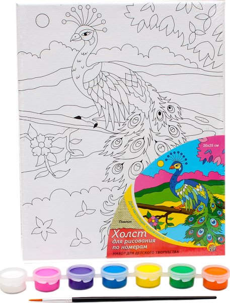 Холст с красками 20х25 см по номерам Павлин номера цветов